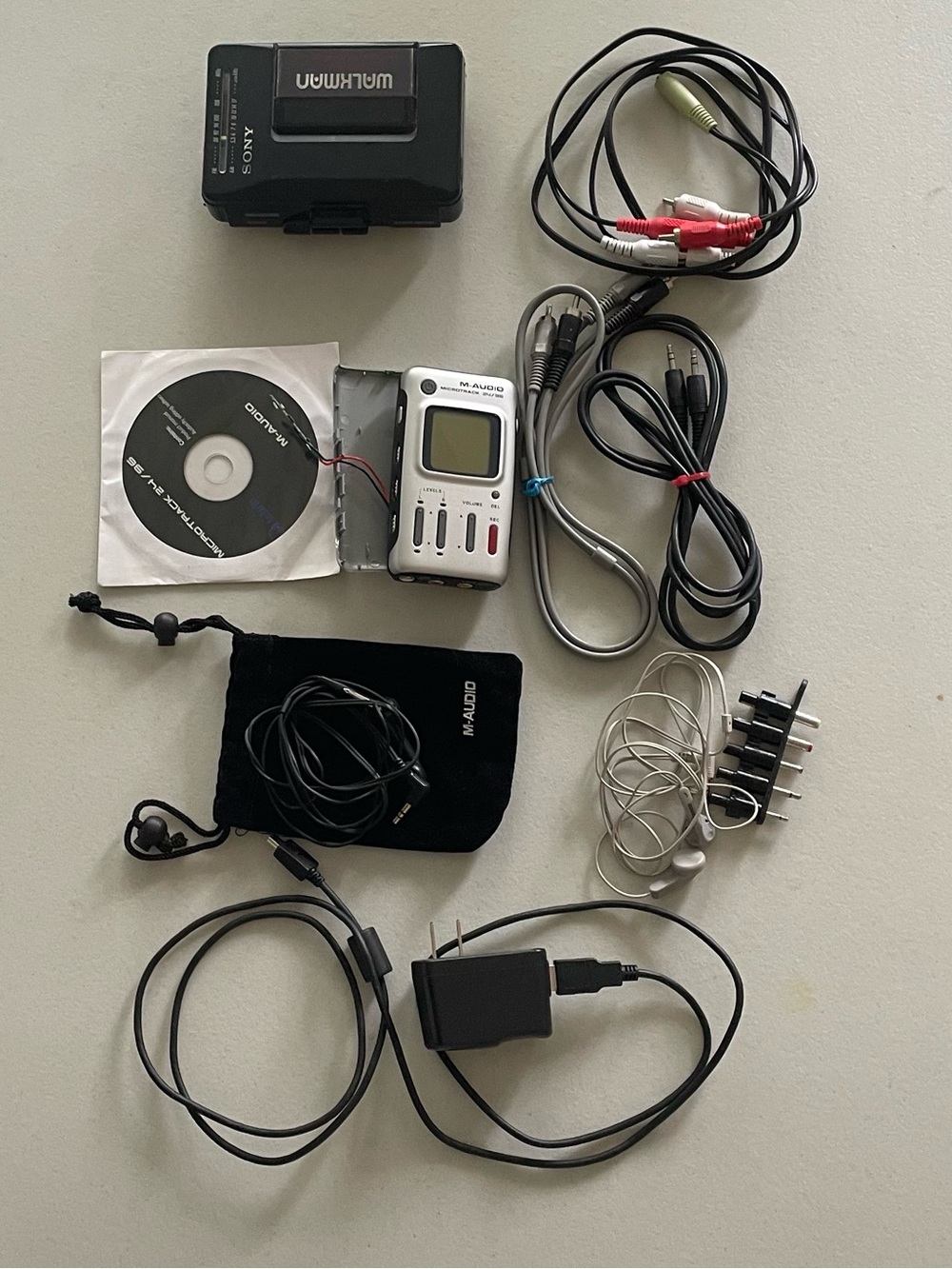 Vintage Audio Tech Lot: Sony Walkman, M-Audio MicroTrack 24/96 Parts, Misc Cable